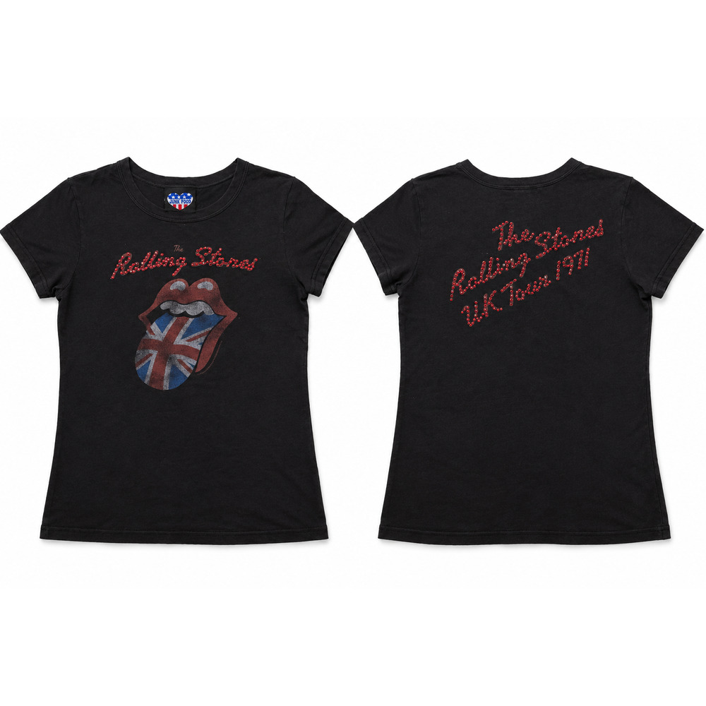 Junk Food Rolling Stones UK Tour 1971 Graphic T Black Rhinestone Logo Size S/M